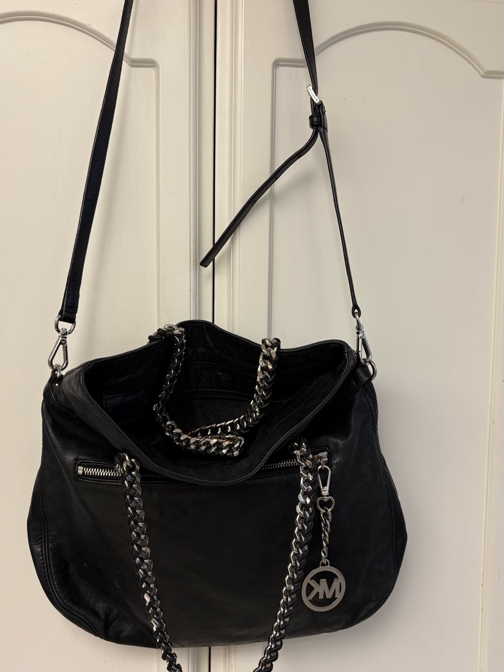 Michael Kors Black Leather Shoulder Bag with Silver Chain